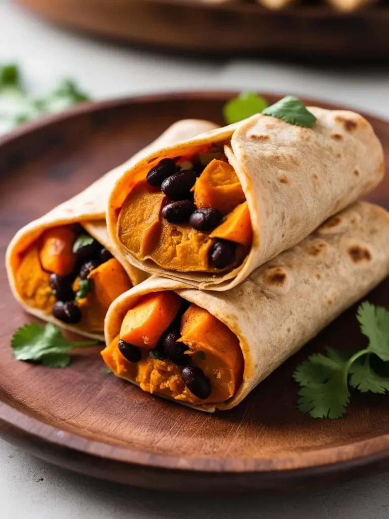 A close-up of three delicious sweet potato and black bean burritos wrapped in warm tortillas. The burritos are arranged on a wooden plate and garnished with fresh cilantro. The filling is visible, showcasing the vibrant colors of the sweet potato and black beans.