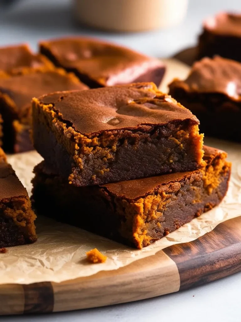 A close-up image of two pumpkin brownies stacked on a wooden board. The brownies have a rich, dark chocolate exterior and a vibrant orange pumpkin center. The image looks incredibly appetizing and perfect for a fall treat.