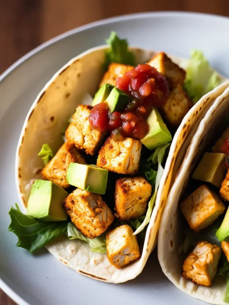 Two delicious-looking tacos filled with seasoned tofu, topped with fresh avocado slices, salsa, and a sprinkle of lettuce. The tacos look flavorful and perfect for a quick and satisfying meal.