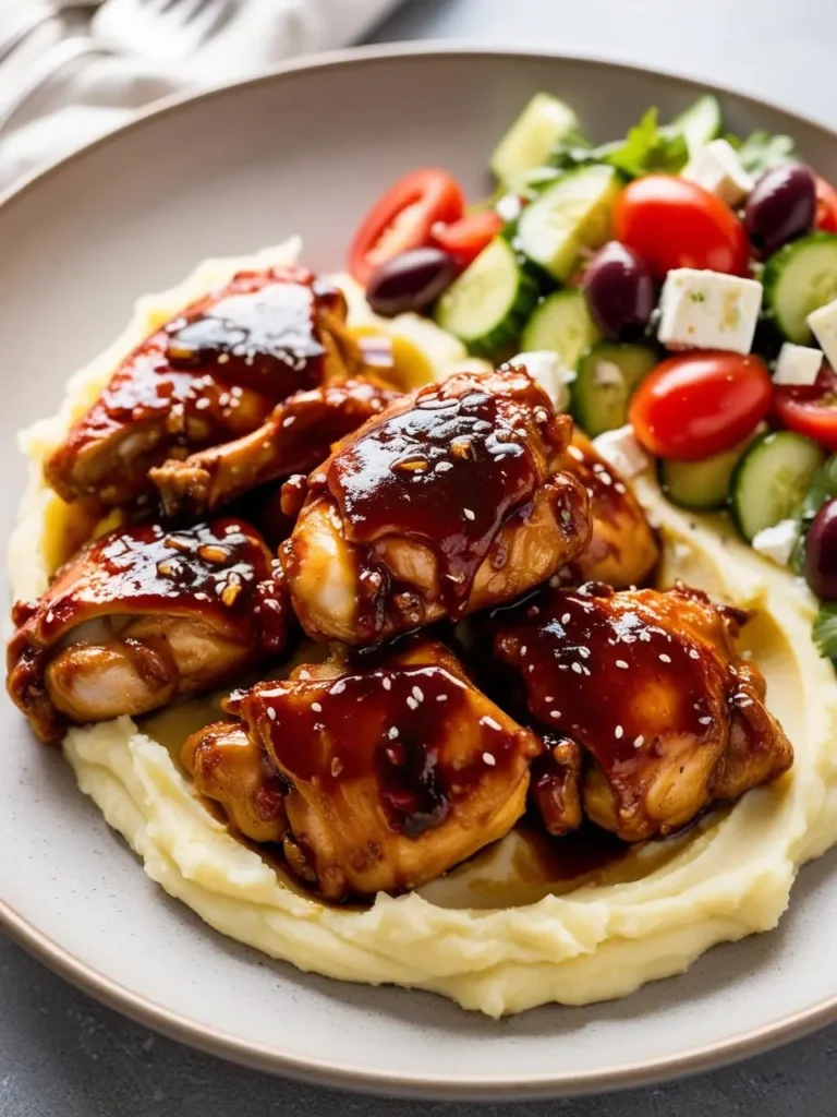 A plate of glazed chicken thighs. The thighs are glazed with a sticky, sweet and savory sauce and served on a bed of creamy mashed potatoes. A side salad with cucumbers, tomatoes, olives, and feta cheese completes the meal.