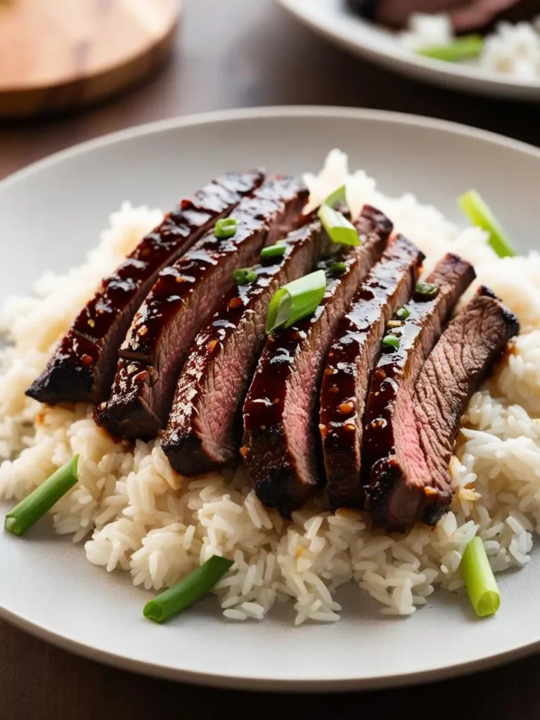 A plate of sliced steak served over a bed of white rice. The steak is glazed with a savory, dark sauce and garnished with chopped green onions.