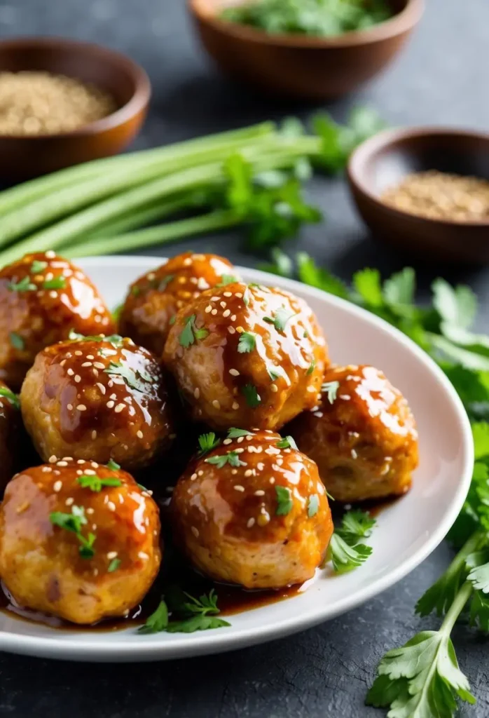 A plate of golden brown turkey meatballs glazed with a sweet and savory sauce. The meatballs are sprinkled with sesame seeds and fresh cilantro, adding a touch of flavor and visual appeal. The dish looks delicious and perfect for a healthy and satisfying meal.