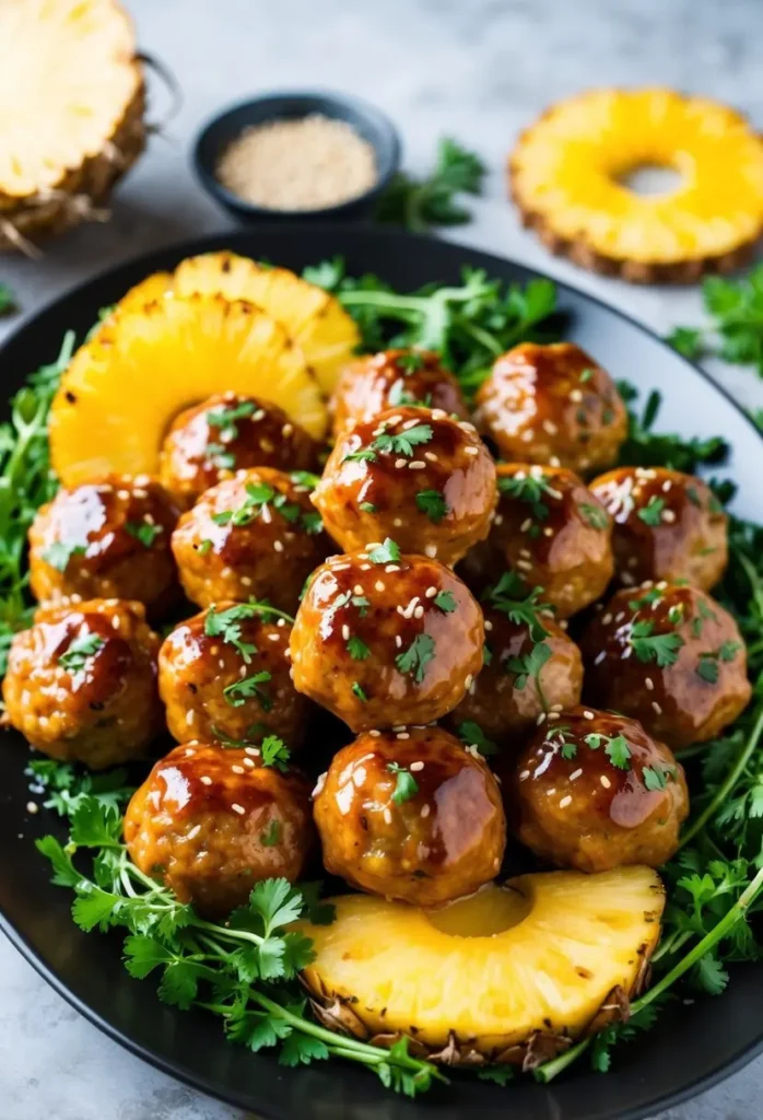 A plate of juicy turkey meatballs smothered in a sweet and savory sauce. The meatballs are garnished with chopped green onions, adding a touch of freshness. The dish looks delicious and perfect for a party or a hearty appetizer.