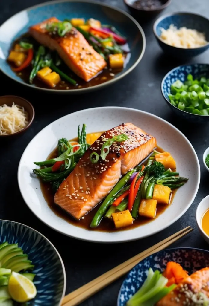 A sizzling teriyaki salmon fillet surrounded by vibrant Asian ingredients on a stylish dinner plate