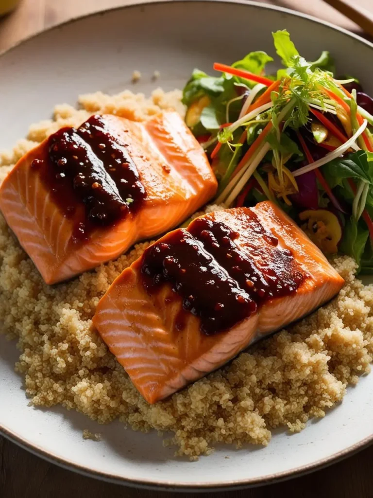 A plate of pan-seared salmon. The salmon fillets are cooked to a beautiful golden brown and topped with a creamy dill sauce. The plate is also filled with fluffy white rice and a side of steamed asparagus and broccoli, creating a healthy and balanced meal.