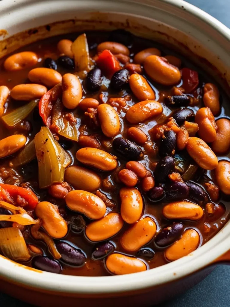 A close-up of a bowl of hearty chili with a variety of beans, including pinto beans, kidney beans, and white beans. The chili is simmering in a rich, tomato-based sauce and is garnished with chopped onions and bell peppers. The dish looks warm, comforting, and perfect for a cold day.