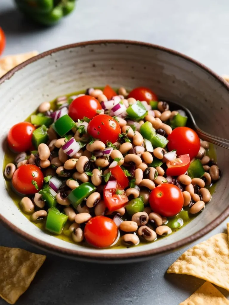 A bowl of black-eyed pea salad with cherry tomatoes, bell peppers, red onion, and fresh herbs. The salad looks vibrant and refreshing, perfect for a side dish or light lunch. Tortilla chips are scattered around the bowl, suggesting the salad can be enjoyed as a dip.