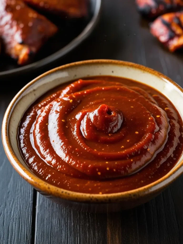 A bowl of thick, homemade barbecue sauce. The sauce has a rich, deep red color and a swirl pattern on the surface. It's ready to be used to marinate or baste your favorite grilled meats.