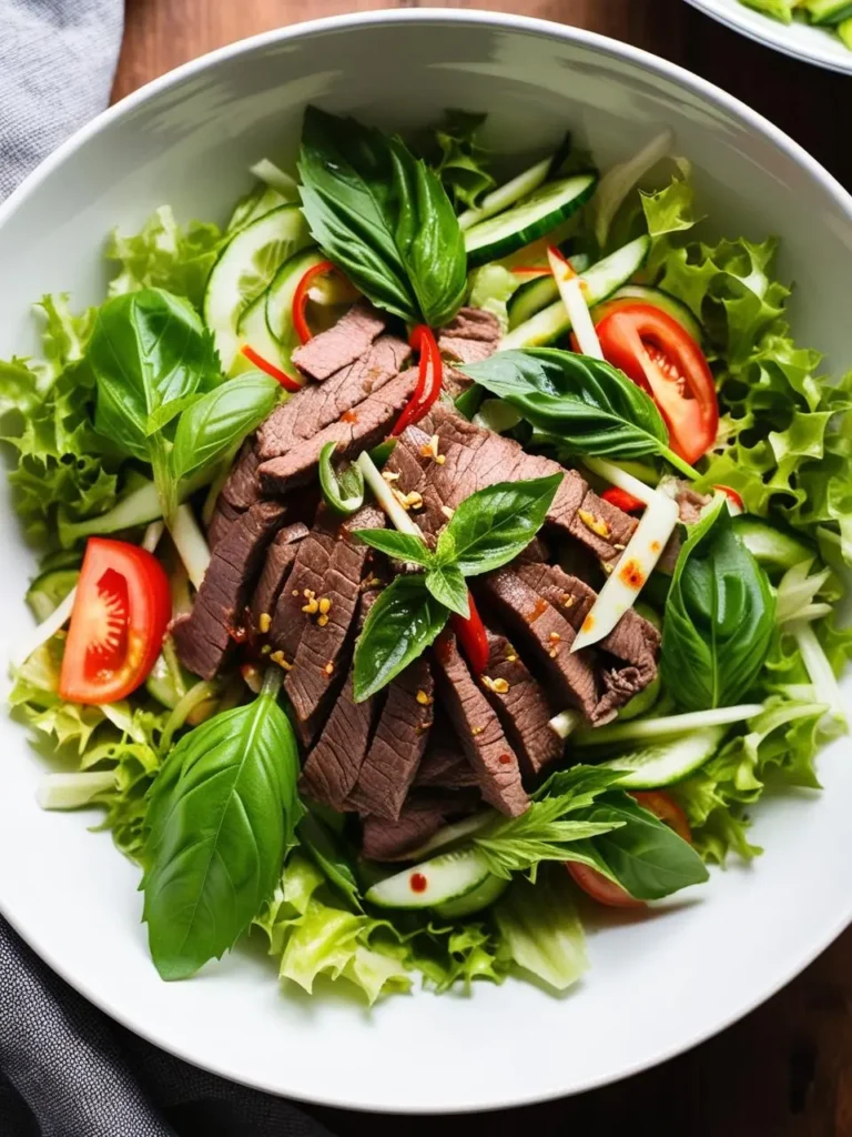 A vibrant Thai beef salad. The salad features thinly sliced grilled beef, fresh cucumbers, tomatoes, and a generous amount of fresh basil leaves. The dish looks colorful and flavorful, with a hint of spice.