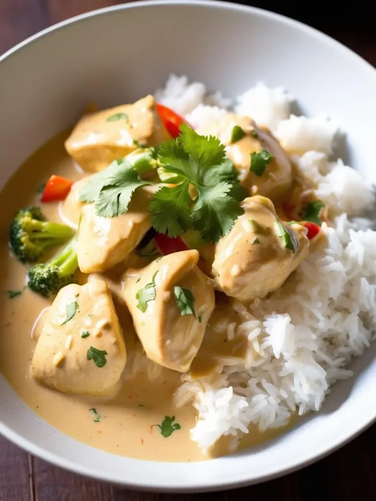 A bowl of creamy Thai red curry with chicken and vegetables served over a bed of white rice. The curry is topped with fresh cilantro, and the dish looks both delicious and inviting.