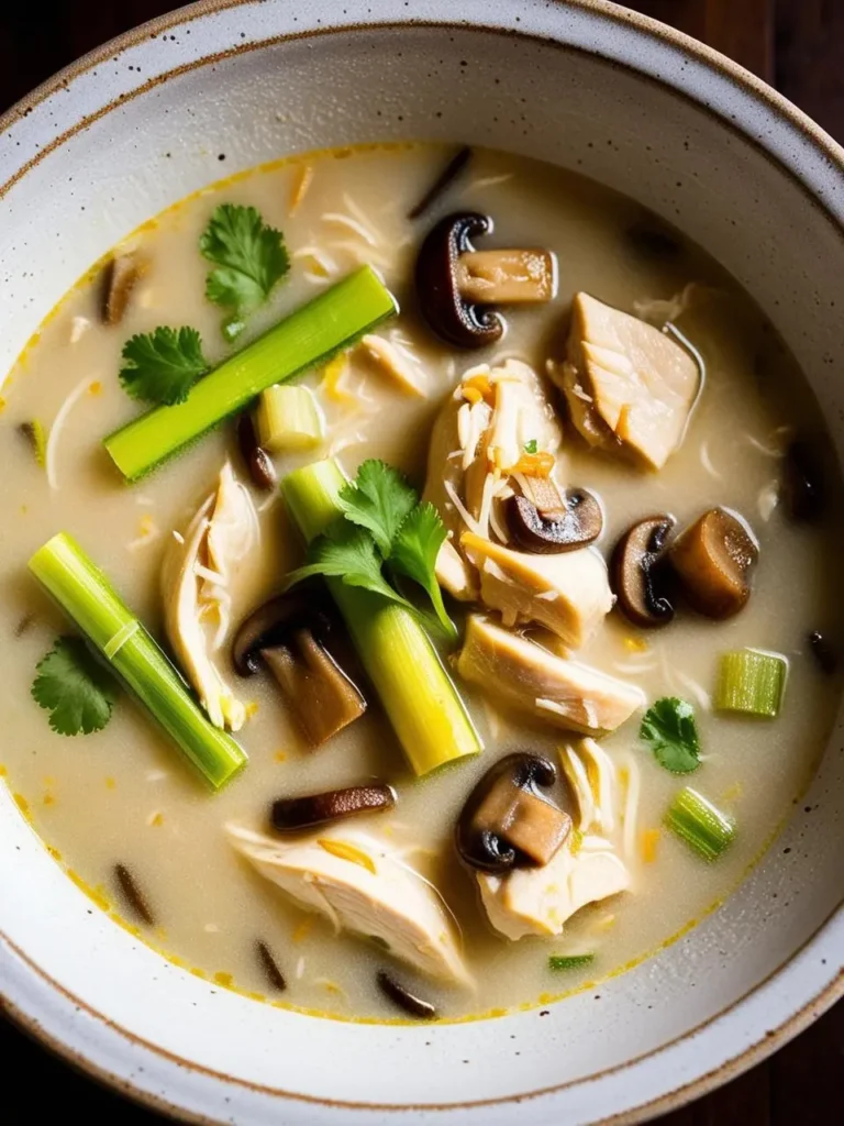 A bowl of creamy chicken and wild rice soup with mushrooms and leeks. The soup looks comforting and flavorful, perfect for a cold day.