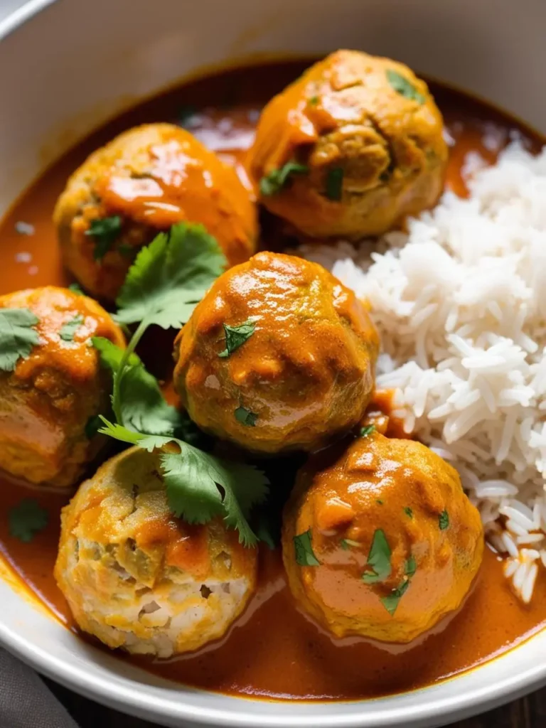 A bowl of flavorful vegan meatballs simmering in a rich, orange curry sauce. The meatballs are served alongside a mound of fluffy white rice, creating a hearty and satisfying plant-based meal.