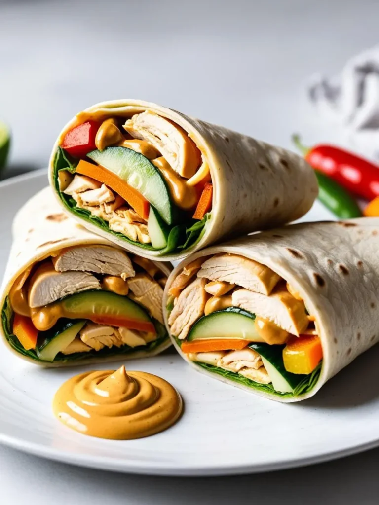 Three delicious-looking wraps filled with shredded chicken, fresh vegetables like cucumber and bell peppers, and a drizzle of creamy peanut sauce. The wraps are neatly rolled and look perfect for a quick and healthy meal.