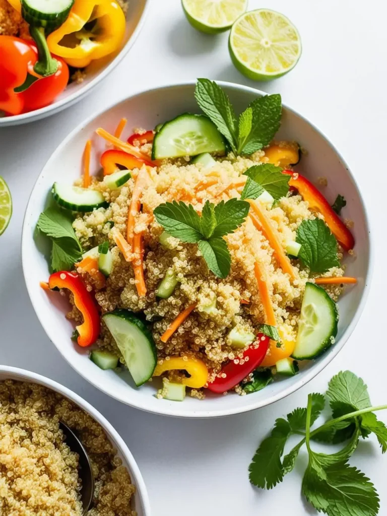 A vibrant quinoa salad brimming with fresh vegetables. The salad features fluffy quinoa, cucumbers, carrots, bell peppers, and fresh mint leaves. Limes and cilantro add a touch of freshness to the dish. It looks light, healthy, and perfect for a summer meal.