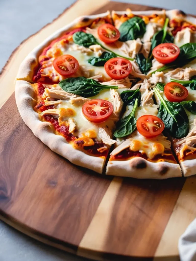 A delicious-looking pizza with a thin crust, topped with tomato sauce, mozzarella cheese, spinach, cherry tomatoes, and shredded chicken. The pizza is resting on a rustic wooden board, and it looks ready to be devoured.