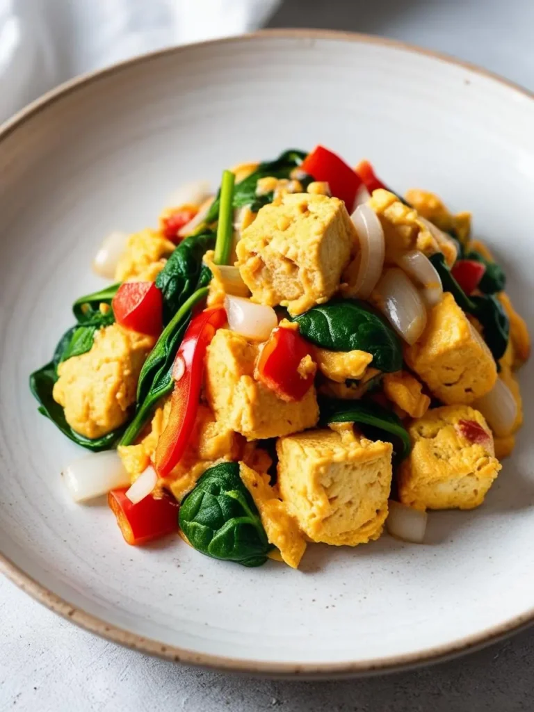 A plate of savory tofu scramble, a delicious and protein-packed vegan breakfast or brunch option. The scramble is made with crumbled tofu, scrambled with spinach, onions, and bell peppers, creating a colorful and flavorful dish.