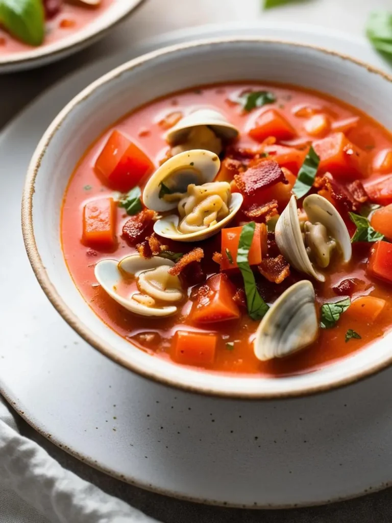 A bowl of vibrant Manhattan clam chowder. The tomato-based broth is filled with clams, diced potatoes, and crispy bacon bits. Fresh basil leaves add a touch of color and aroma. The dish looks hearty and flavorful.