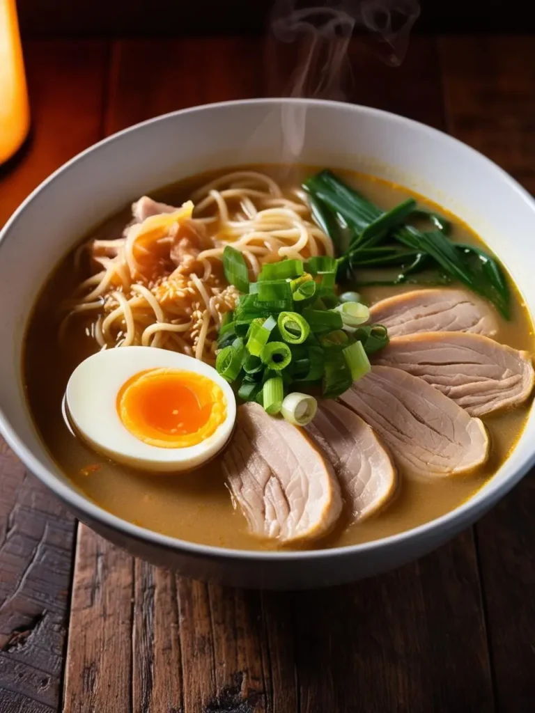 A steaming bowl of ramen with a golden broth. The ramen is topped with slices of chicken, a soft-boiled egg, green onions, and sesame seeds.