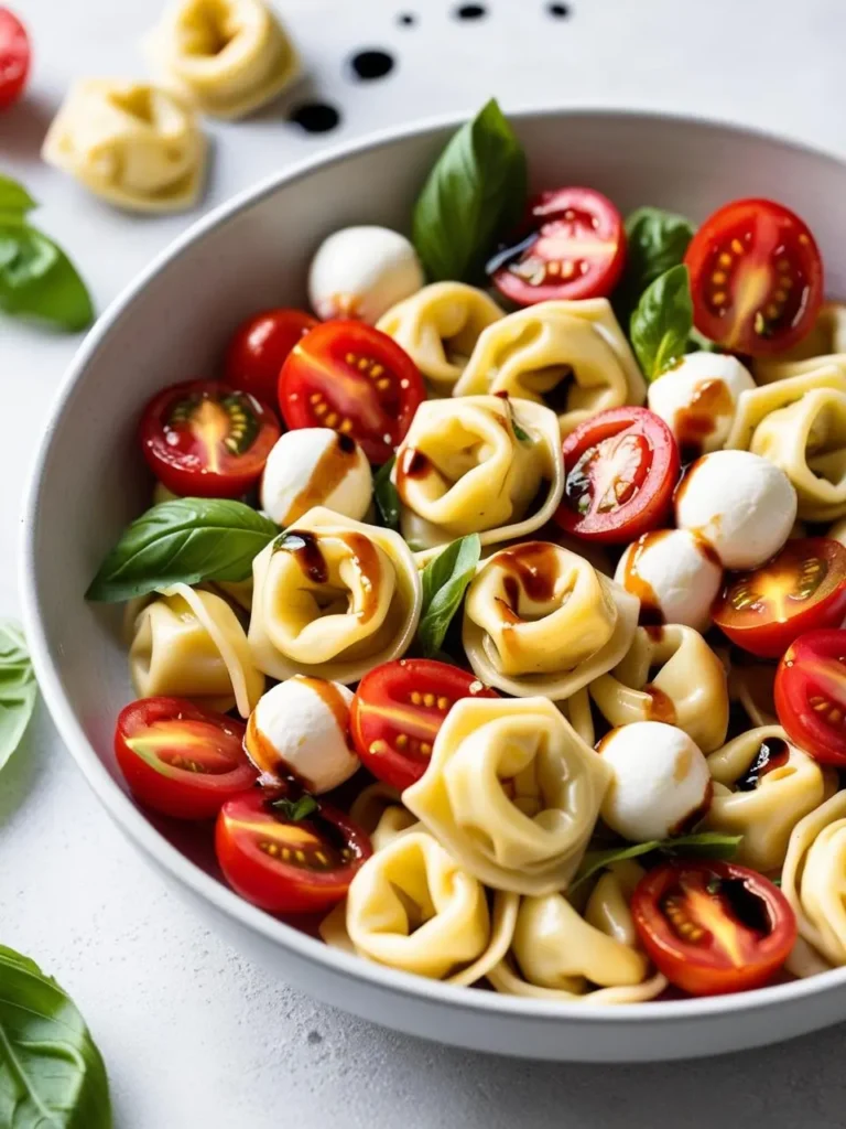 A close-up view of a bowl of Tortellini Caprese salad. The salad is made with tortellini pasta, cherry tomatoes, mozzarella cheese, fresh basil, and a drizzle of balsamic glaze.