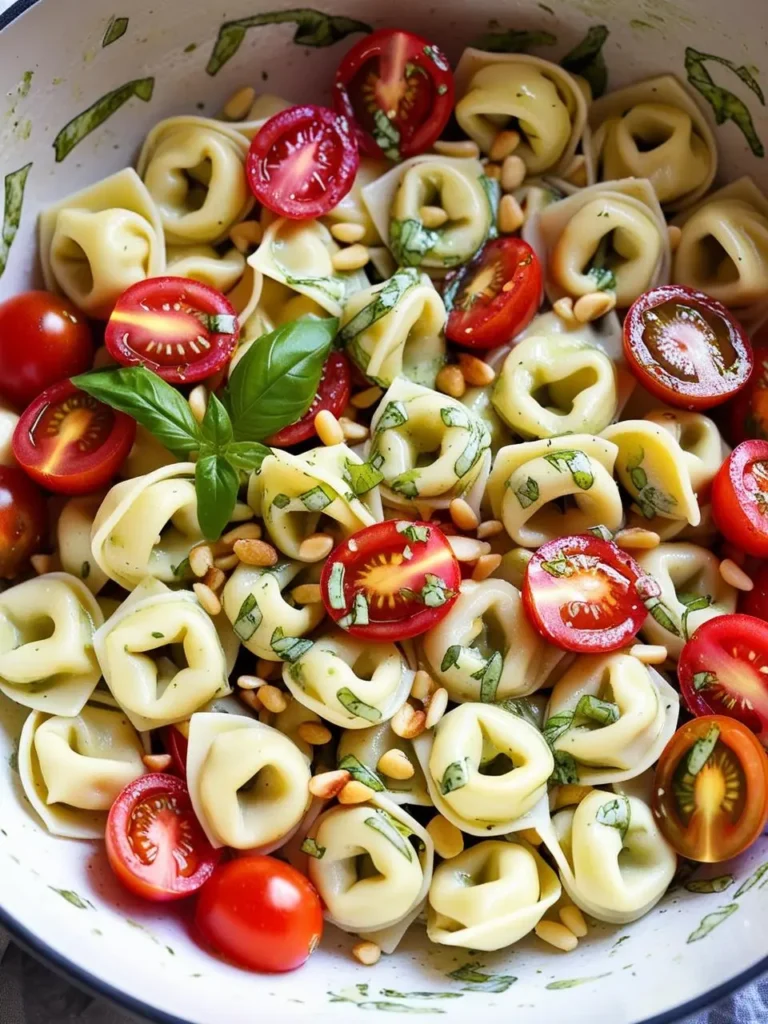 A close-up view of a bowl of Tortellini Caprese salad. The salad is made with tortellini pasta, cherry tomatoes, fresh basil, pine nuts, and a drizzle of balsamic glaze.