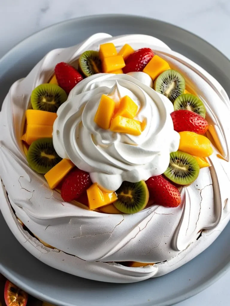 A large, airy pavlova meringue base topped with whipped cream, fresh mango chunks, strawberries, and kiwi slices. The dessert looks light, airy, and perfect for a summer gathering. The image looks incredibly appetizing and perfect for a light and refreshing dessert.