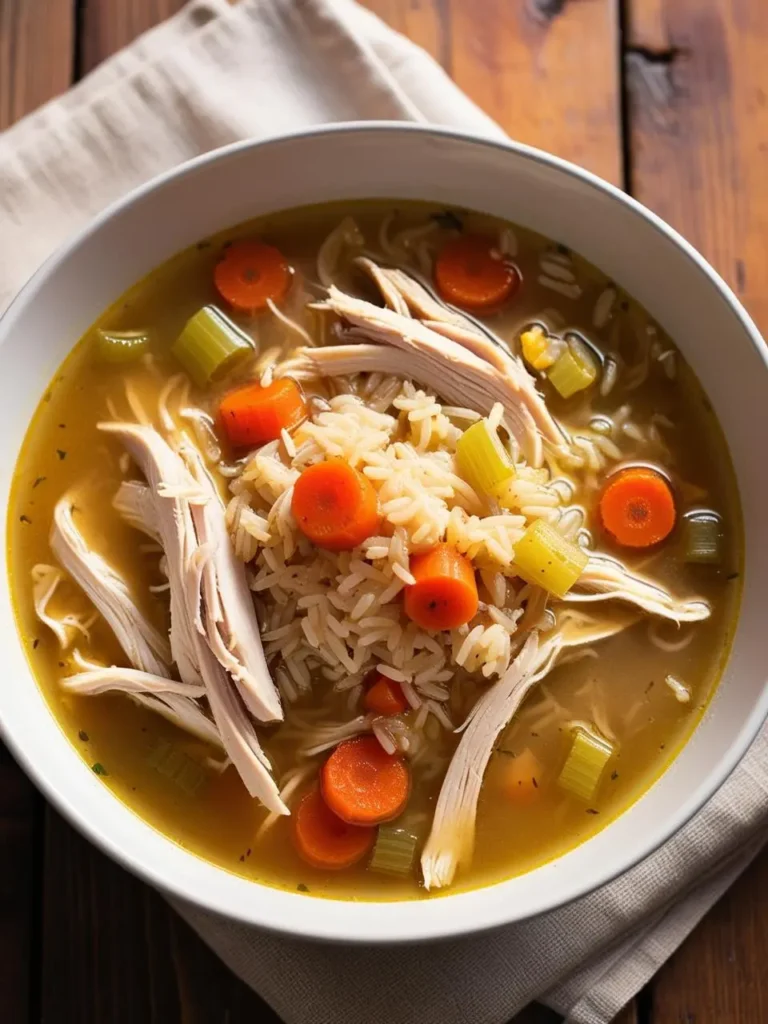 A bowl of warm and comforting chicken noodle soup. The broth is filled with shredded chicken, rice, carrots, celery, and herbs, making it a hearty and satisfying meal.