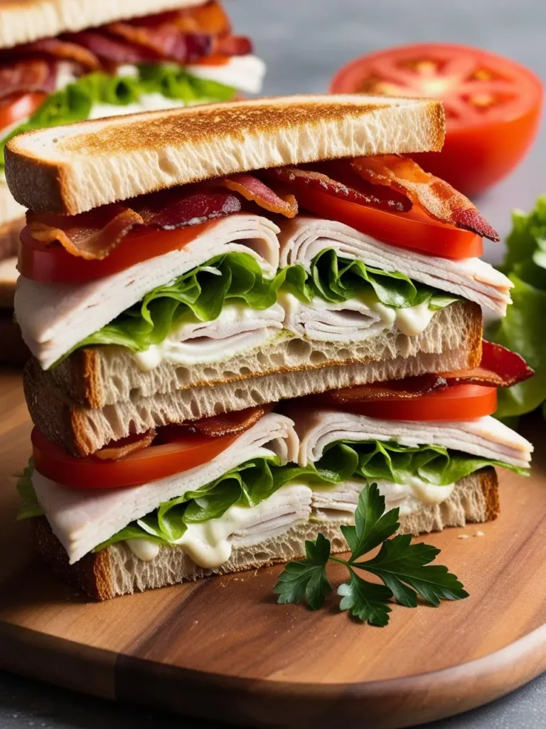 A classic club sandwich with layers of toasted bread, turkey, bacon, lettuce, tomato, and mayonnaise. The sandwich is cut in half and placed on a wooden board.