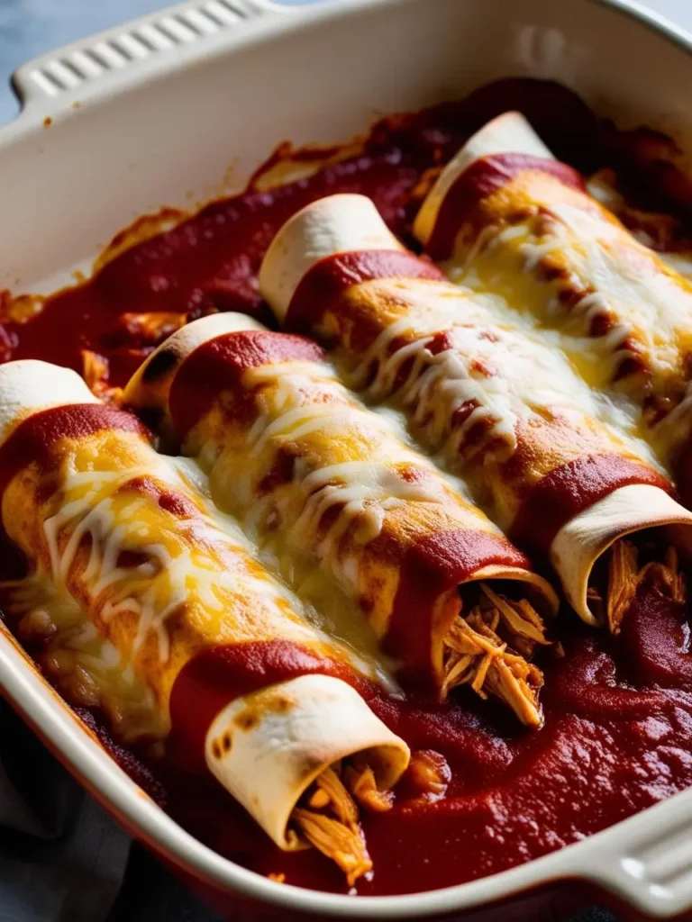 A baking dish filled with four enchiladas. Each enchilada is rolled with a tortilla filled with cheese and covered in a rich red sauce. The dish is topped with melted cheese, creating a bubbly and appetizing presentation.