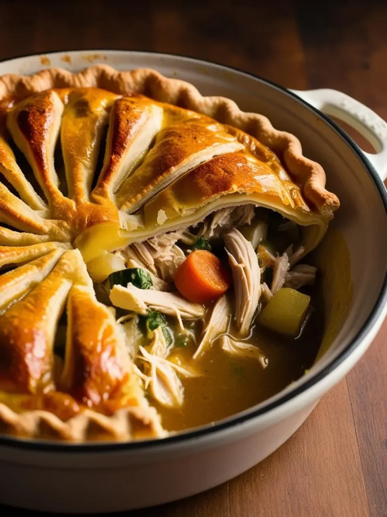 A golden-brown turkey pot pie with a flaky crust and a rich, savory filling. The pie is nestled in a white baking dish, and a slice has been removed to reveal the tender turkey, vegetables, and gravy within. It looks warm, inviting, and perfect for a cozy meal.