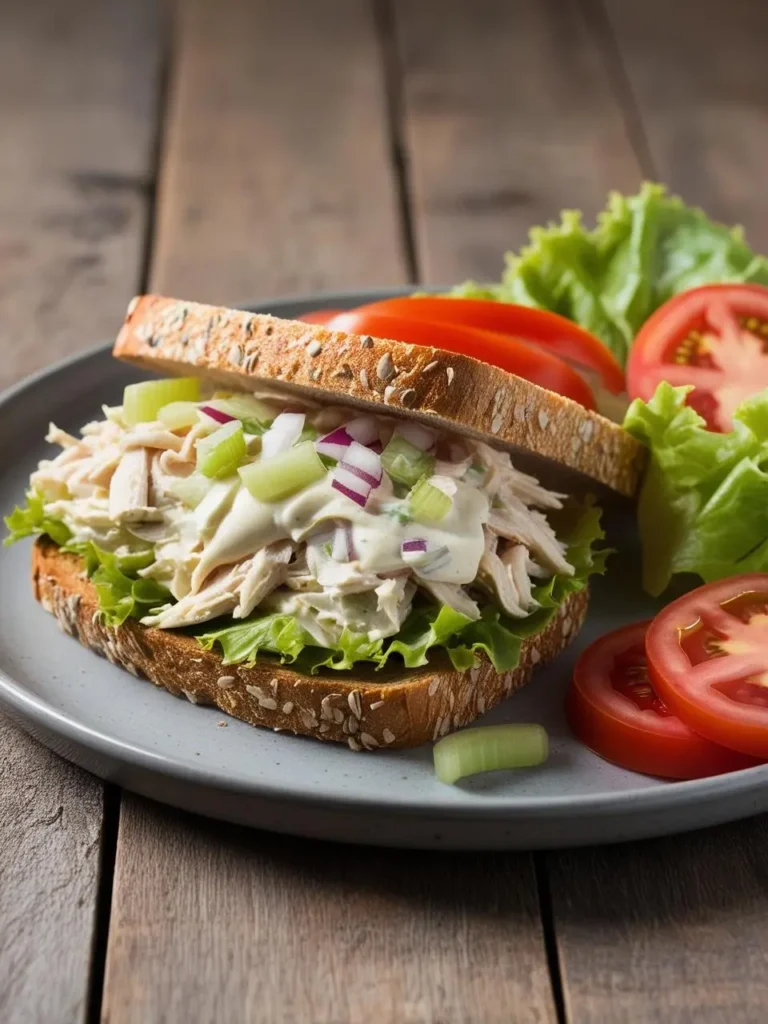 A classic chicken salad sandwich on toasted bread. The sandwich is piled high with creamy chicken salad and garnished with fresh lettuce and tomato slices. It looks light, refreshing, and perfect for a summer lunch.