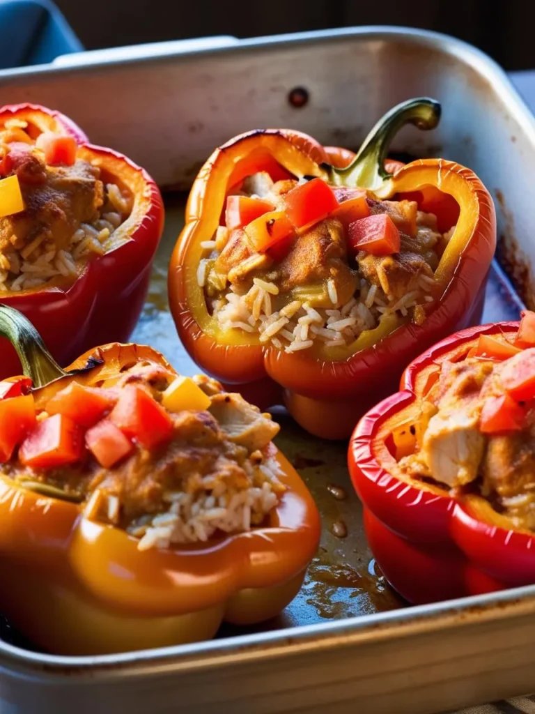 A baking dish filled with four colorful bell peppers stuffed with a savory mixture of rice, vegetables, and diced tomatoes. The peppers look perfectly roasted and ready to serve.