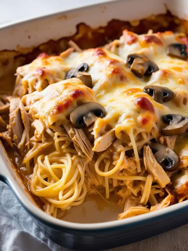 A creamy turkey casserole with a layer of melted cheese and mushroom slices on top. The casserole looks rich and comforting.