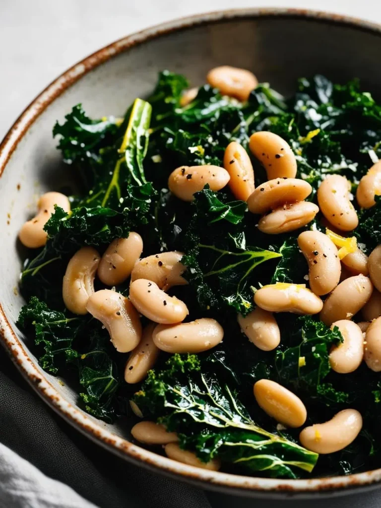 A bowl of sautéed kale and white beans. The kale is wilted and seasoned, and the beans are cooked to a tender texture. The dish looks simple, healthy, and full of flavor.