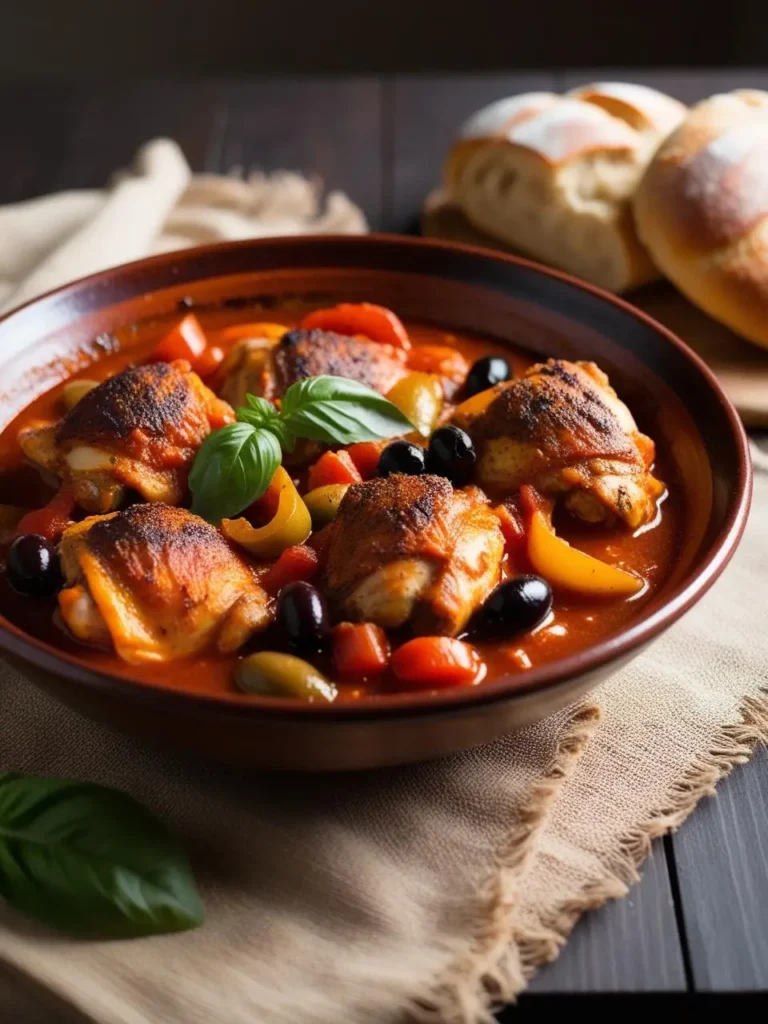 A close-up view of a dish of Chicken Paprikash. The dish features tender chicken thighs simmered in a rich paprika-based sauce with bell peppers, onions, olives, and cherry tomatoes. Fresh basil leaves are sprinkled on top. Two slices of crusty bread are visible in the background.