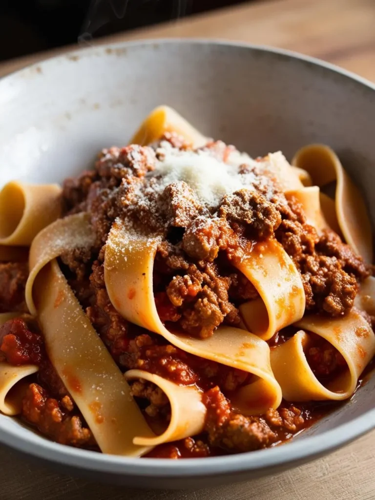 A bowl of pappardelle pasta smothered in a rich and hearty Bolognese sauce. The pasta is wide and ribbon-like, coated in the flavorful sauce and topped with grated Parmesan cheese.