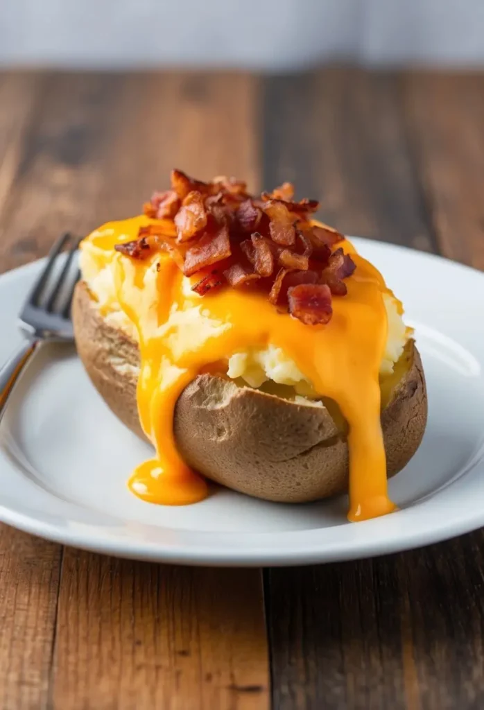 A close-up of a loaded baked potato on a white plate. The potato is topped with melted cheese, crispy bacon bits, and a dollop of sour cream. The plate is resting on a wooden table, and a fork is placed beside it. The dish looks warm, comforting, and incredibly delicious.