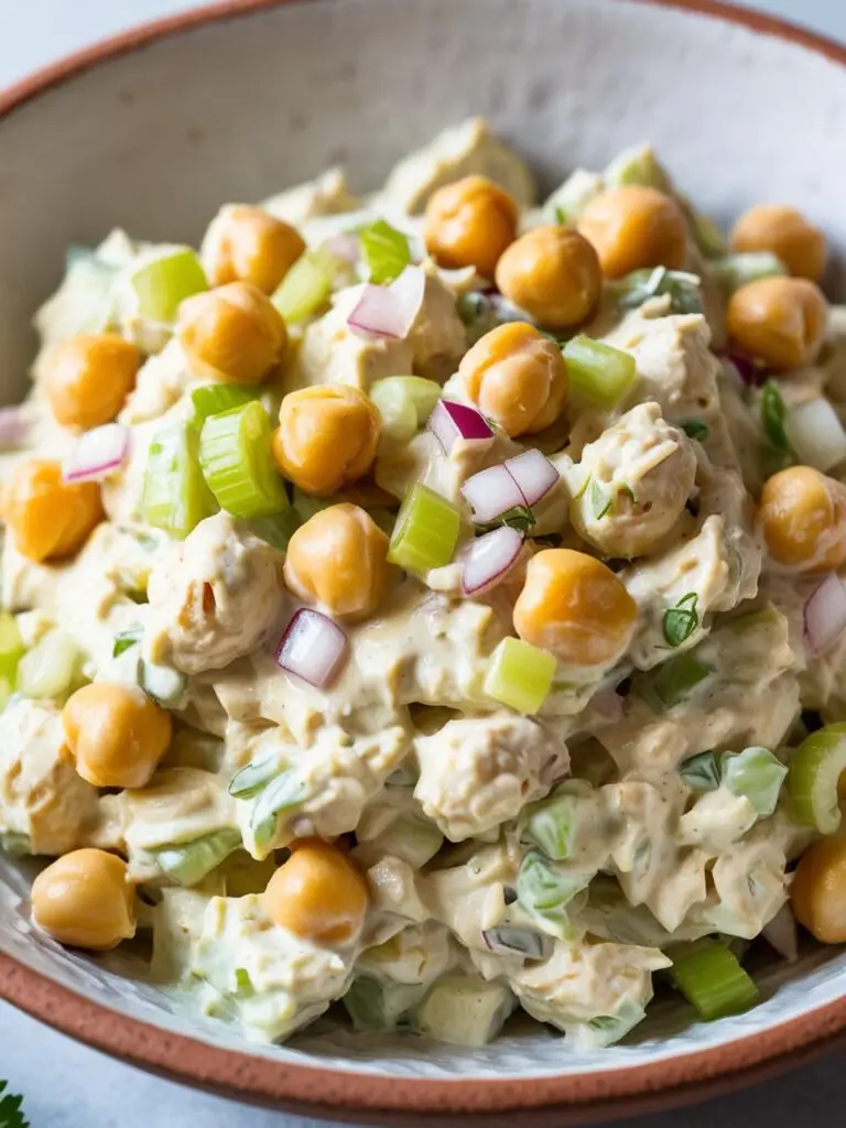 A creamy chickpea salad with a vibrant mix of textures and flavors. The salad features chickpeas, shredded vegetables like celery and onion, and a creamy dressing. It looks light, refreshing, and perfect for a healthy lunch or snack.