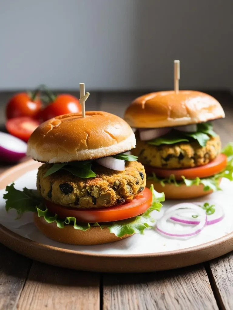 Two delicious-looking vegan burgers on a plate. The burgers are made with black beans and other vegetables, and are topped with lettuce, tomato, and onion. The image is set against a rustic wooden background.