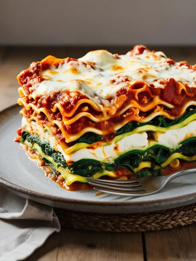 A large slice of lasagna on a plate. The lasagna is layered with pasta, ricotta cheese, spinach, and a rich tomato sauce, topped with melted mozzarella cheese.