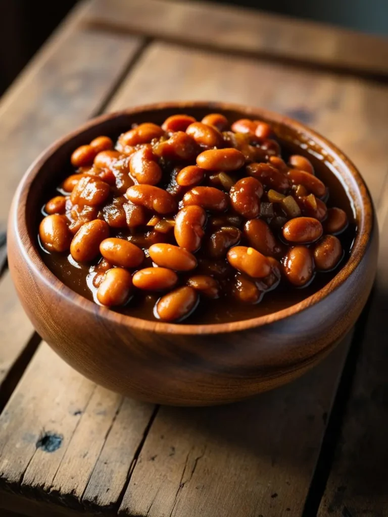 A close-up of a bowl of baked beans. The beans are cooked in a rich, brown sauce and look tender and flavorful. The dish is garnished with chopped onions, adding a touch of sweetness and savory flavor. The beans are served in a wooden bowl on a wooden table.