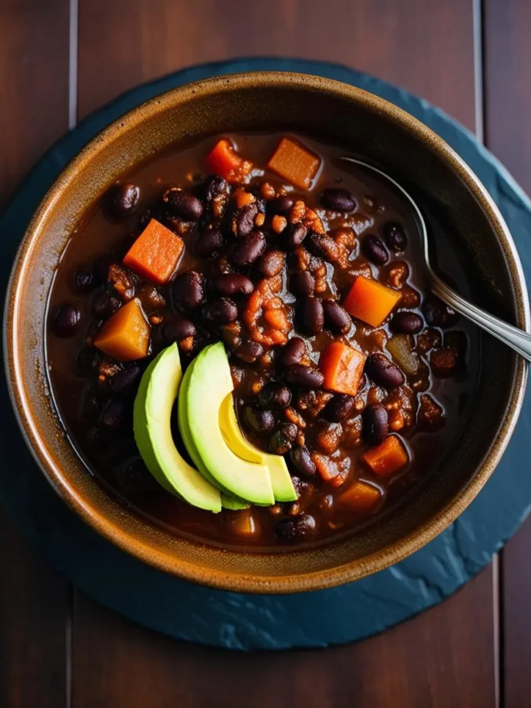 A bowl of hearty black bean soup. The soup is simmered with vegetables like carrots and butternut squash, and garnished with fresh avocado slices. It looks like a comforting and nutritious meal.