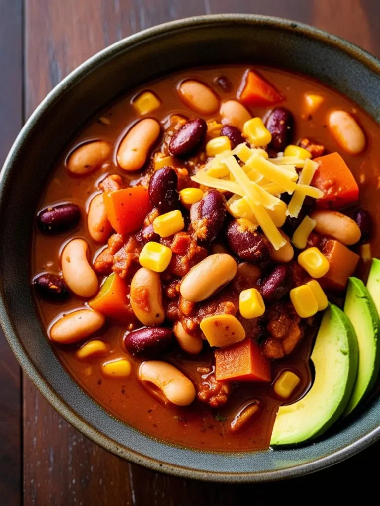 A bowl of hearty vegetarian chili, filled with a colorful mix of beans, corn, and vegetables. The chili is topped with shredded cheese and a slice of avocado.