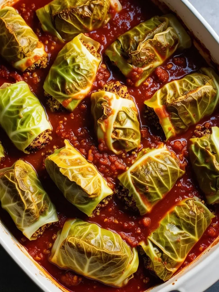 A close-up view of a baking dish filled with vegetarian cabbage rolls. The rolls are filled with a hearty quinoa mixture and simmered in a rich tomato sauce.