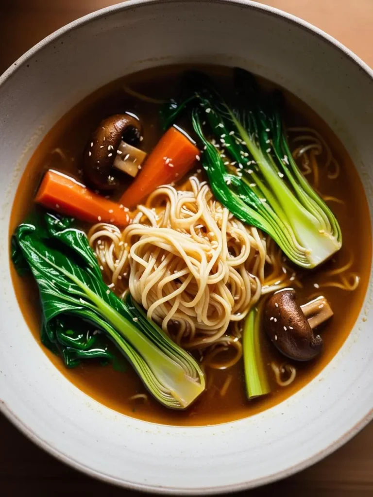 A bowl of vegetarian ramen with noodles, bok choy, carrots, mushrooms, and a flavorful broth. The dish is garnished with sesame seeds.