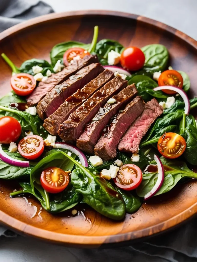 A plate of steak salad. Grilled steak is sliced and placed on a bed of fresh spinach, cherry tomatoes, crumbled feta cheese, and red onion. The steak is juicy and tender, and the salad is vibrant and flavorful.