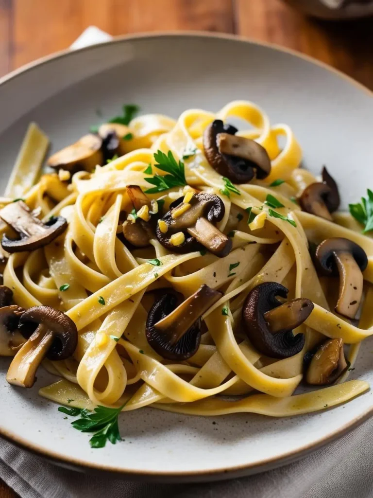 A plate of fettuccine pasta tossed with sautéed mushrooms. The pasta is coated in a creamy sauce and garnished with fresh parsley. The dish looks rich, flavorful, and perfect for a satisfying meal.