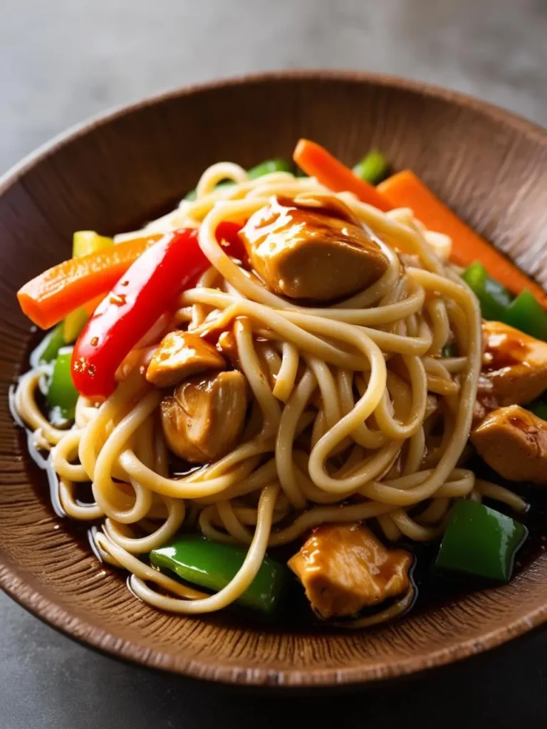 A bowl of savory Udon noodles coated in a rich, brown sauce. The noodles are topped with tender pieces of chicken, colorful bell peppers, and a sprinkle of sesame seeds. The dish looks flavorful and satisfying.