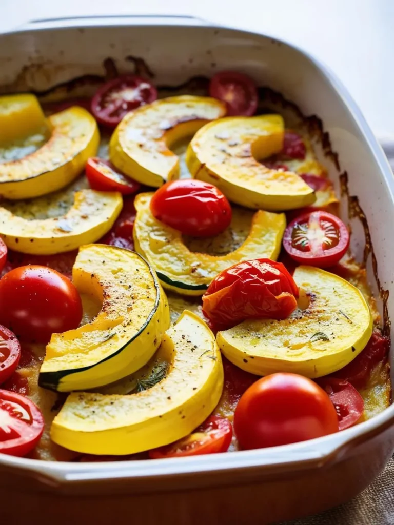 A close-up view of a baking dish filled with roasted vegetables. The dish is filled with sliced yellow squash and cherry tomatoes, all glistening with a golden brown hue.