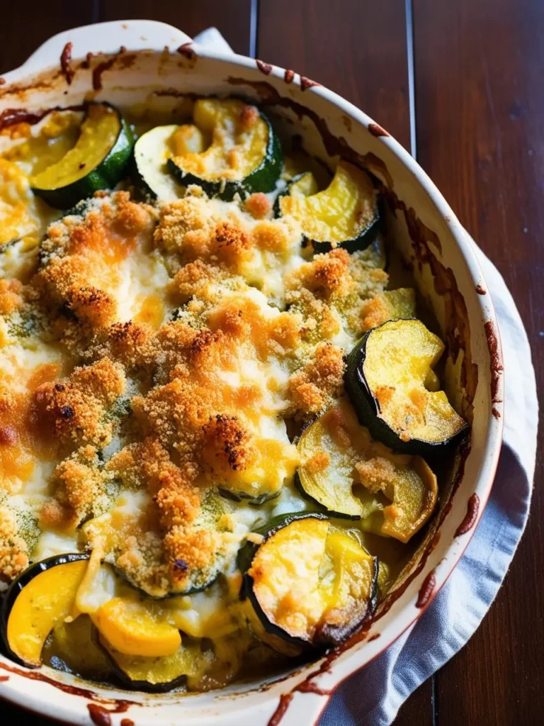 A close-up view of a cheesy zucchini and squash casserole in a white baking dish. The casserole is topped with a golden brown breadcrumb crust and melted cheese.