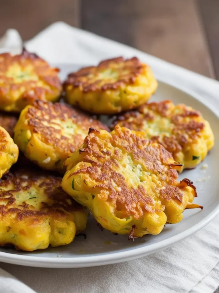 A close-up view of a stack of golden brown zucchini fritters on a plate. The fritters are crispy on the outside and fluffy on the inside.